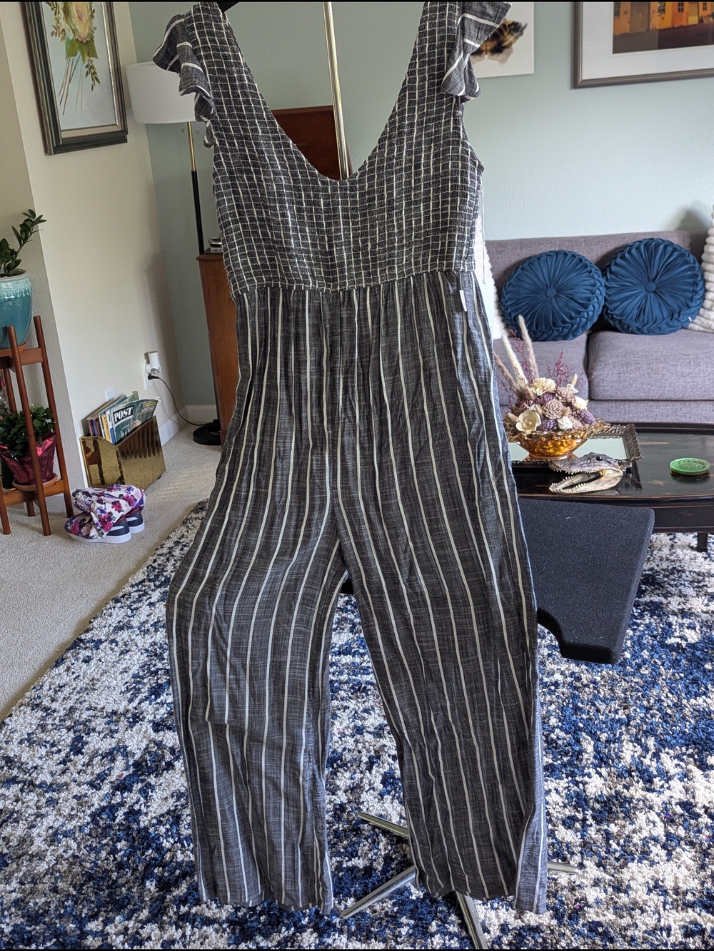 Striped Black and White Ruffle-Strap Jumpsuit